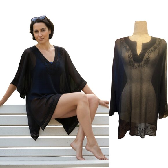 Black sheer gauze swimsuit coverup embroidered minidress size 2XL - Picture 1 of 11